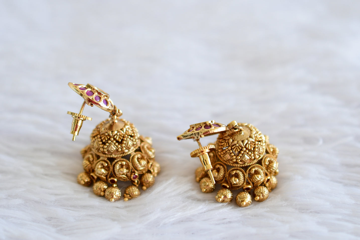 Antique gold tone ruby-green mango-peacock jhumkka dj-51934