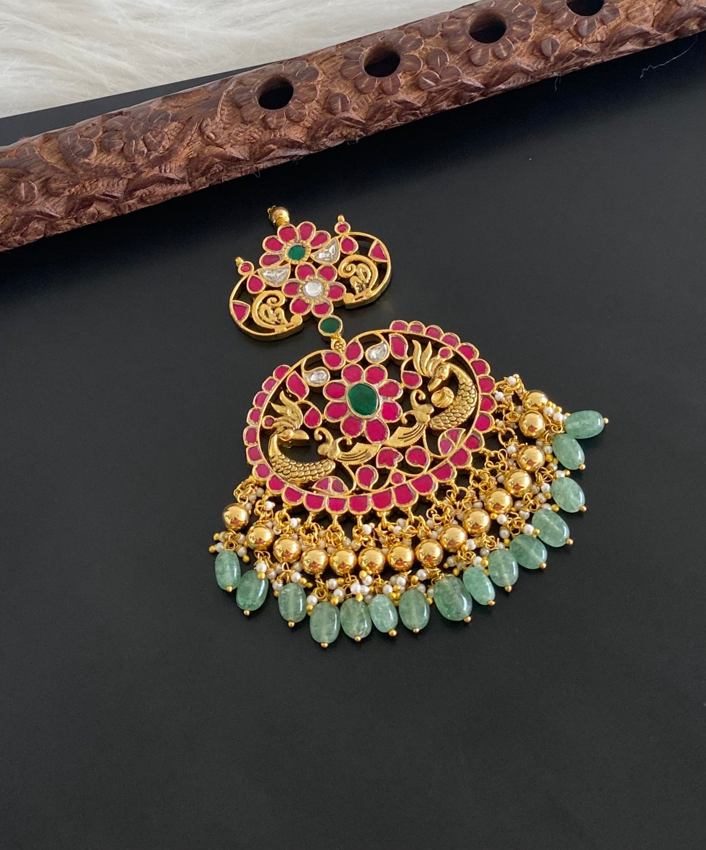 Gold tone pink-green-white kundan jadau peacock green bead pendant dj-50680