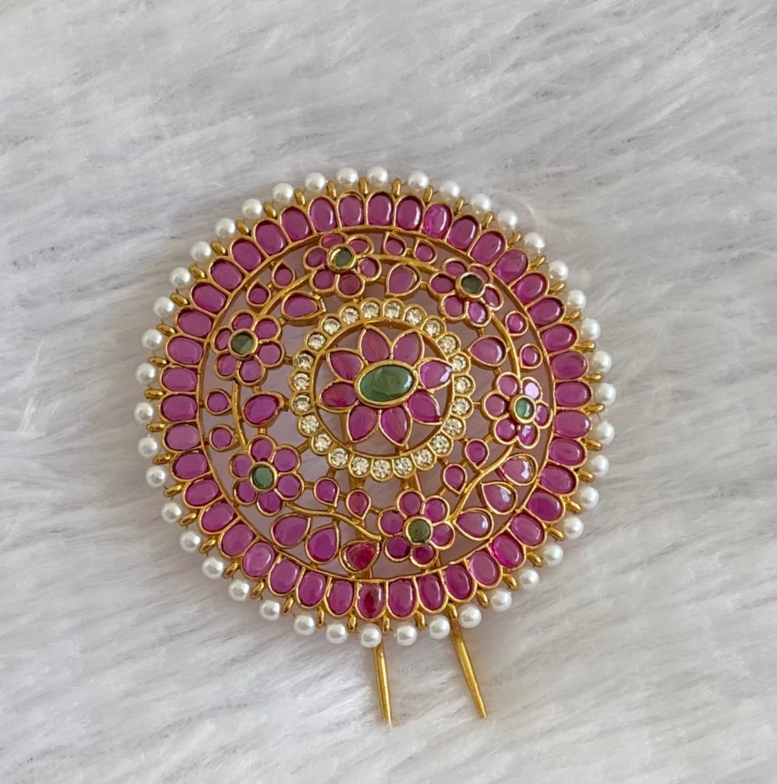 Antique gold tone pink-green-white pearl round hair jewel (rakodi) dj-53635