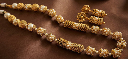 Antique gold tone pearl beaded necklace set-dj07403