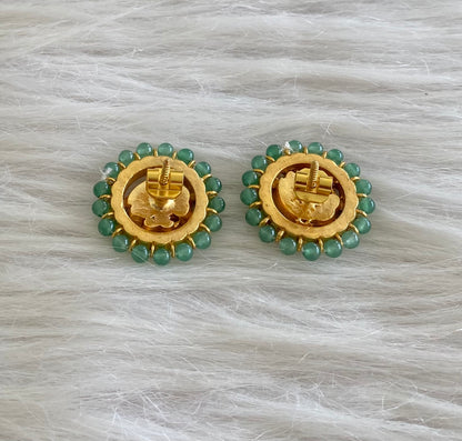 Gold tone pink-white kundan jadau green bead peacock round stud/earrings dj-55082