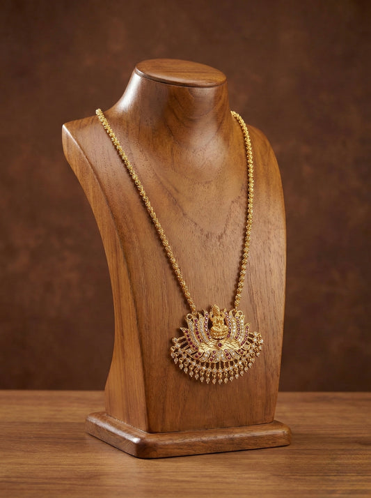 Gold tone ruby-white stone Lakshmi Lotus pendant with chain dj-38638