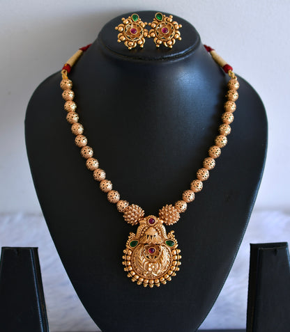 Antique gold tone kemp-green beaded nakshi necklace set dj-52740