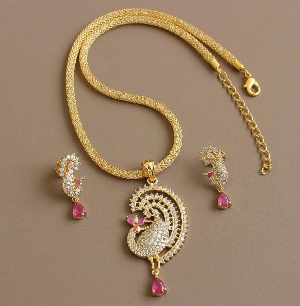Gold tone Cz Ruby-white peacock Pendant Set DJ21888