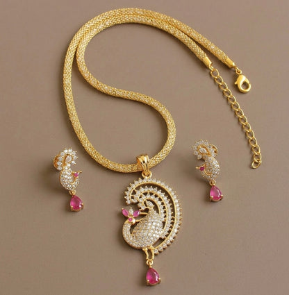Gold tone Cz Ruby-white peacock Pendant Set DJ21888