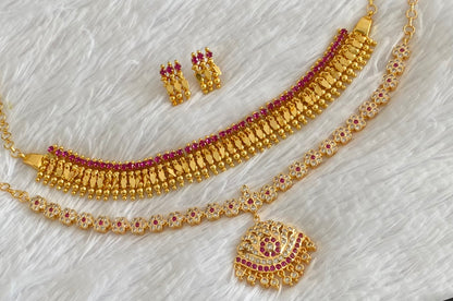Gold tone pink-white stone combo necklace set dj-54355