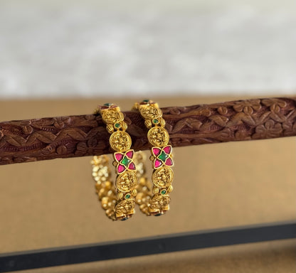 Matte finish pink-green lakshmi kundan jadau bangles(2.6) dj-51562