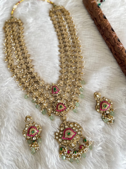 Antique gold tone cz pink-green kundan layer haar set dj-51559