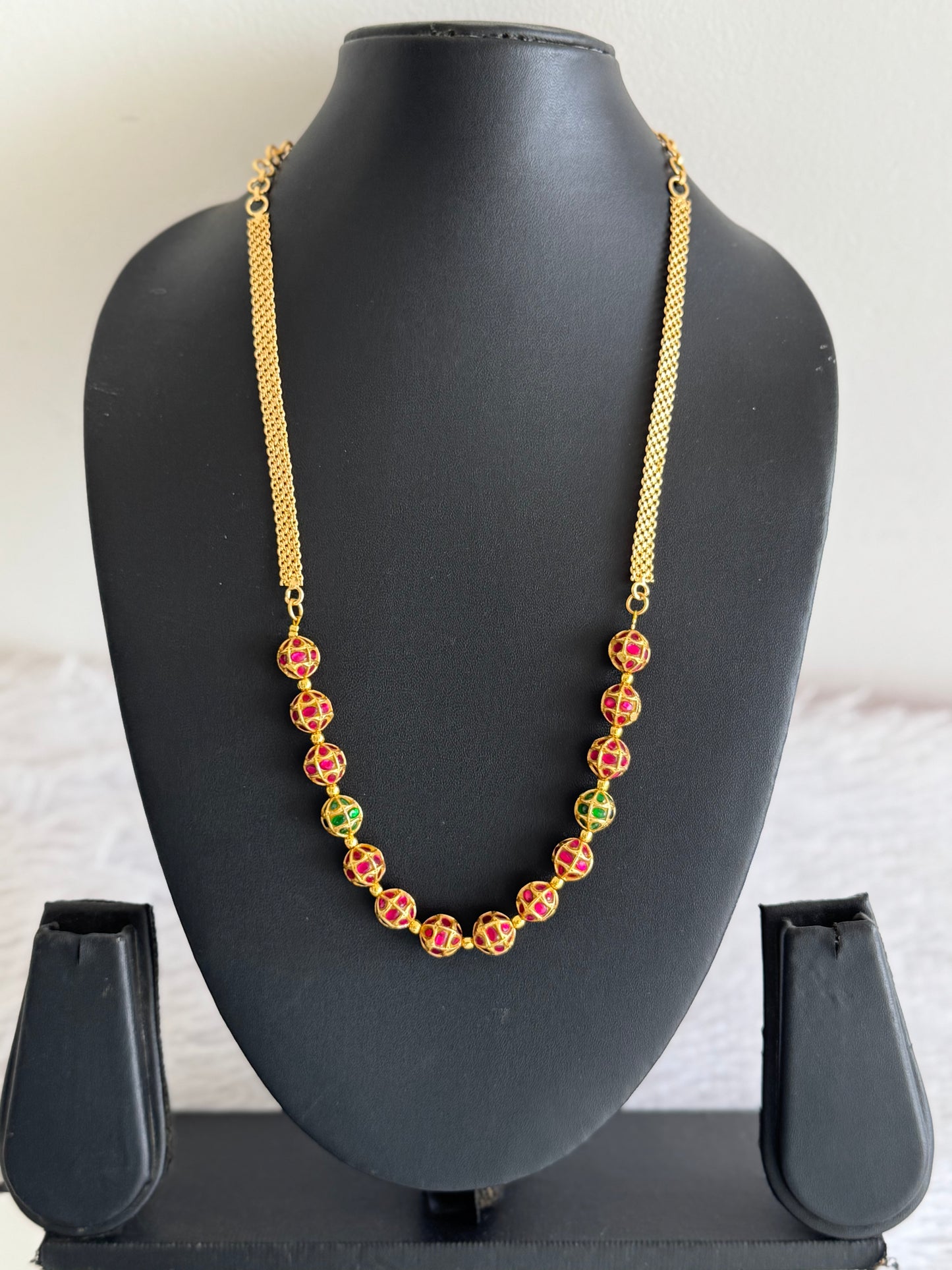 Matte finish pink-green stone jadau beaded chain dj-51512