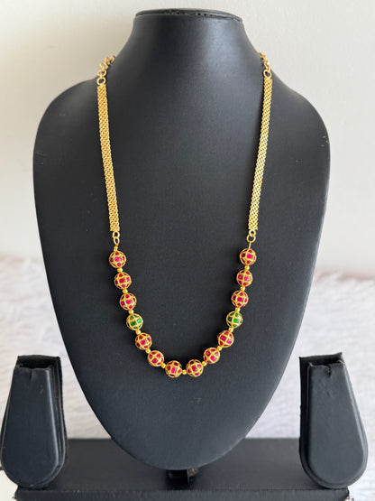 Matte finish pink-green stone jadau beaded chain dj-51512