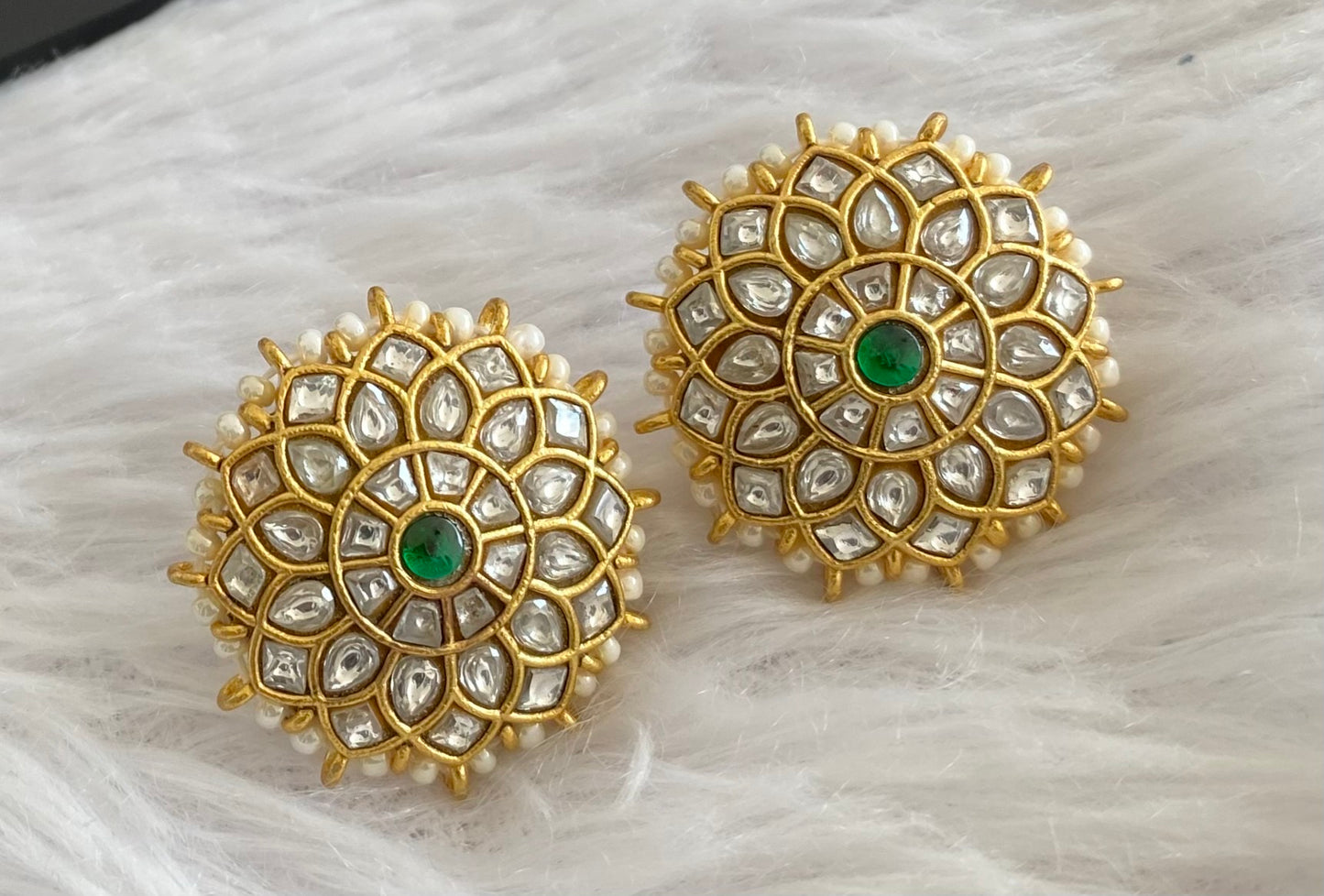 Gold tone white-green pearl kundan jadau flower stud/earrings dj-53552