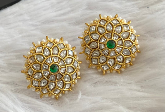 Gold tone white-green pearl kundan jadau flower stud/earrings dj-53552