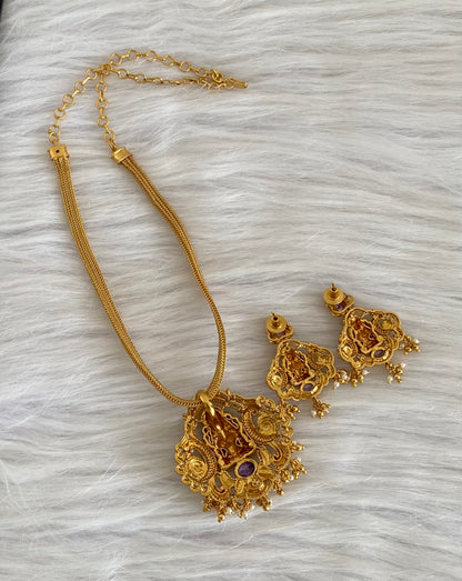 Antique gold tone purple-white stone lakshmi peacock necklace set dj-54266