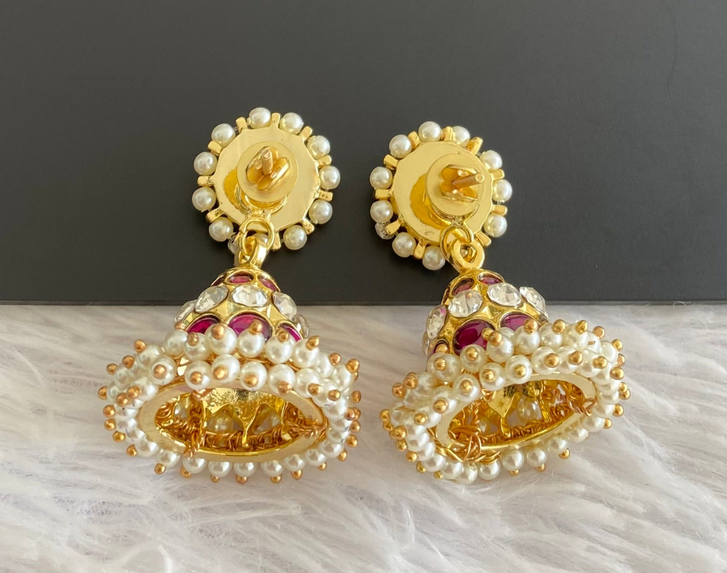Gold tone precious kemp-green-white stone pearl jhumkka dj-53218