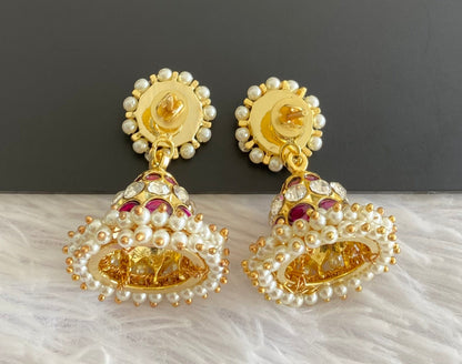 Gold tone precious kemp-green-white stone pearl jhumkka dj-53218