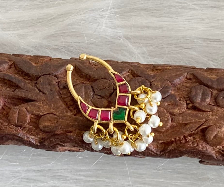Gold tone kundan jadau pink-green stone pearl nose pin/bulakku dj-53792