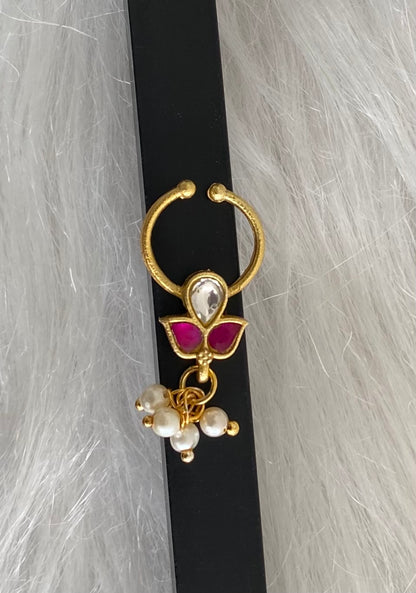 Gold tone kundan jadau white-pink stone pearl nose pin/bulakku dj-53804