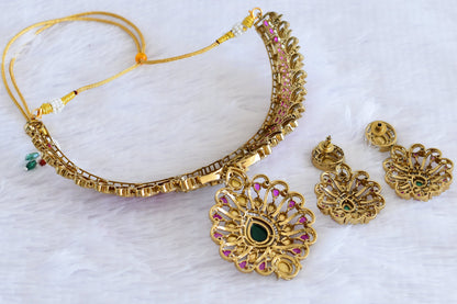 Antique gold tone ruby-green kundan flower choker necklace set dj-53028