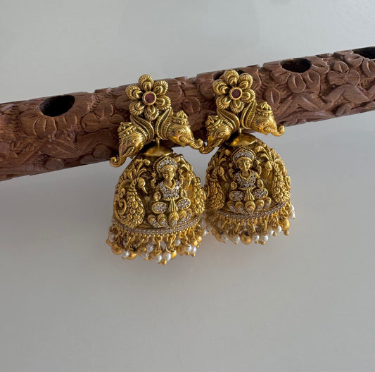 Antique gold tone cz Nakshi big lakshmi elephant jhumkka dj-51467