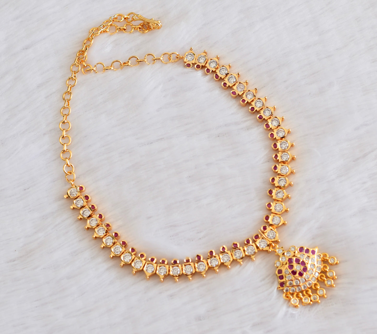 Gold tone AD white-pink stone south indian necklace dj-53331
