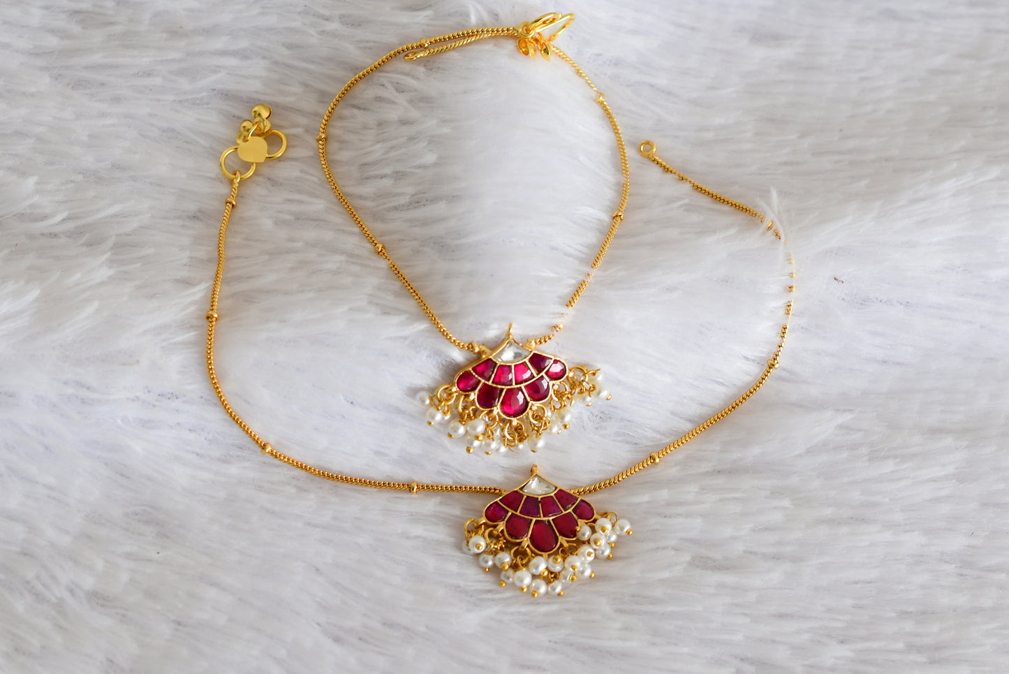 Gold tone pink-white butterfly kundan jadau anklets dj-52390