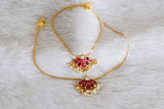 Gold tone pink-white butterfly kundan jadau anklets dj-52390