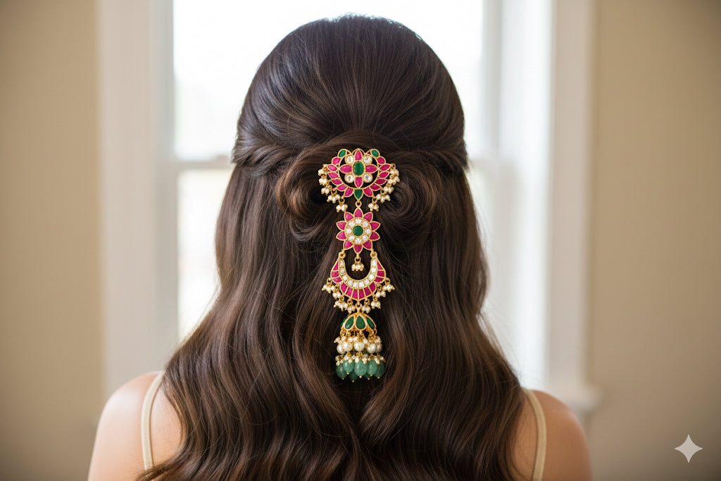 Gold tone pink-green kundan jadau flower hair jewel dj-52378
