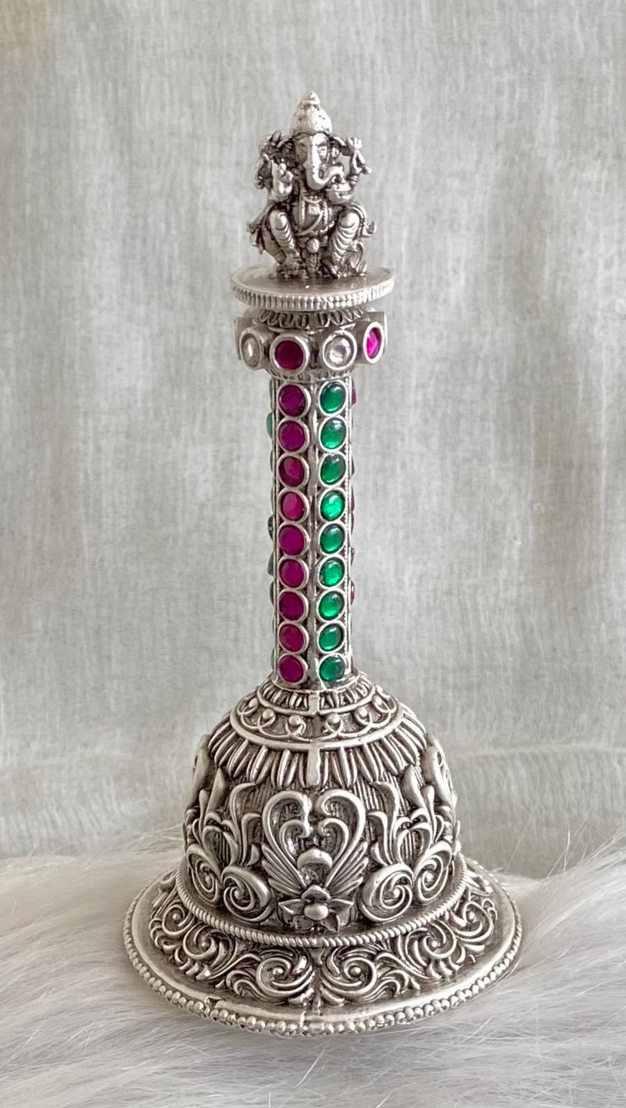 Silver tone pink-green stone ganesha bell dj-54233