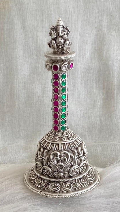 Silver tone pink-green stone ganesha bell dj-54233