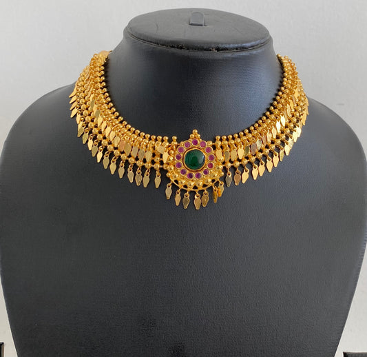 Gold tone kerala style elakka pink-green stone choker necklace dj-54542