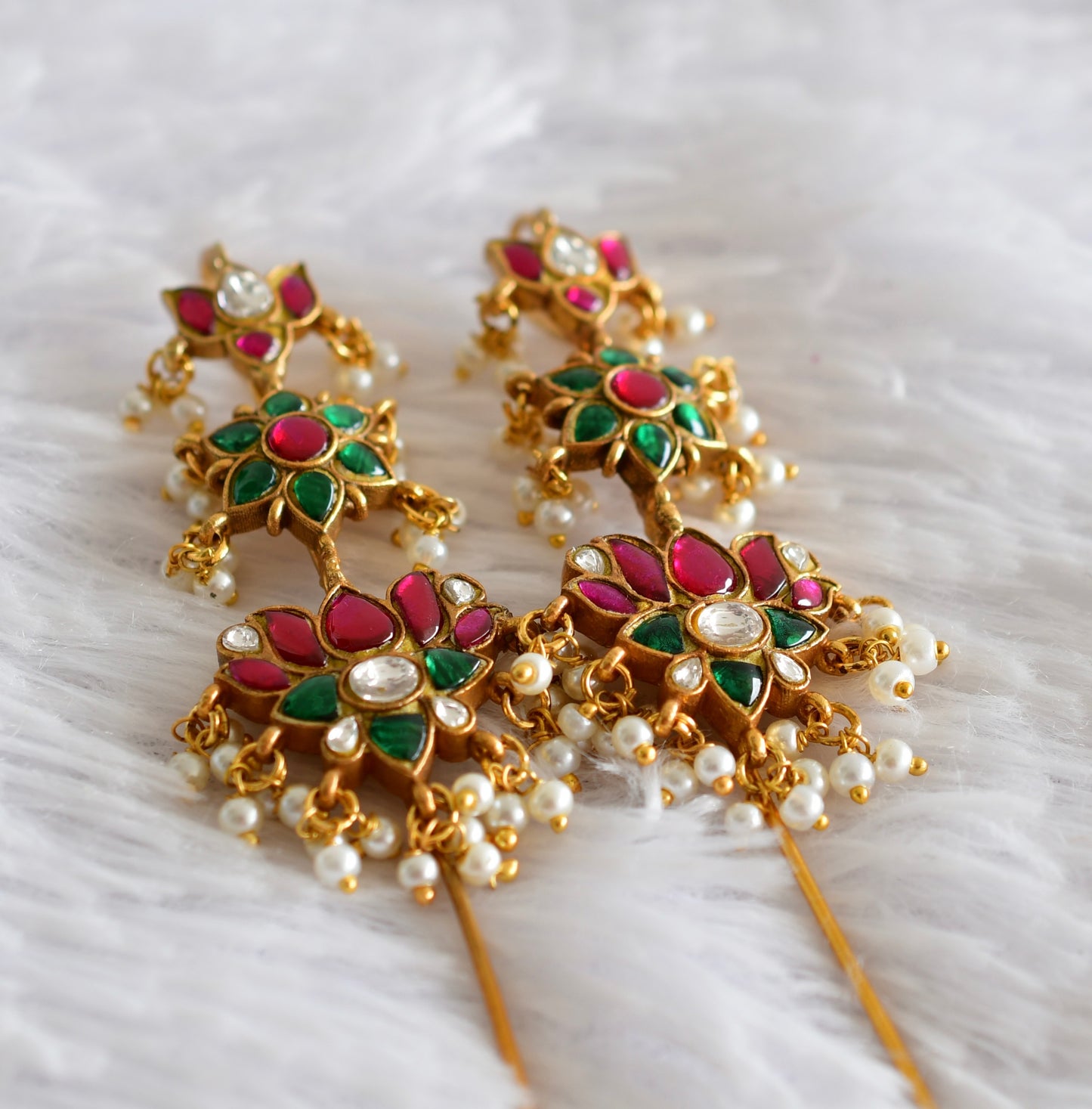 Gold tone pink-green kundan jadau lotus bugadi needle earrings dj-51129