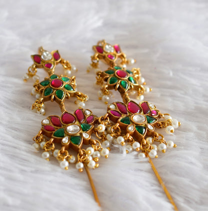 Gold tone pink-green kundan jadau lotus bugadi needle earrings dj-51129