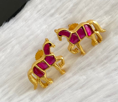 Gold tone pink kundan jadau horse earrings dj-53539