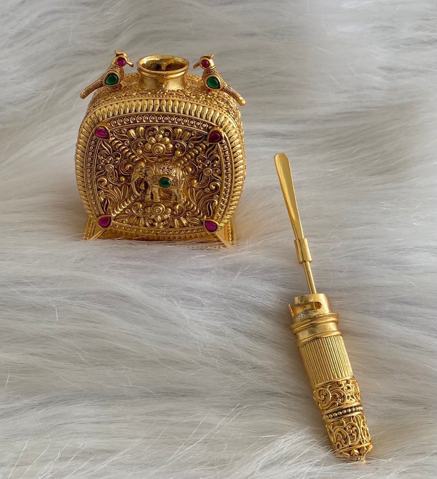 Gold tone pink -green bird elephant kumkum box dj-54222