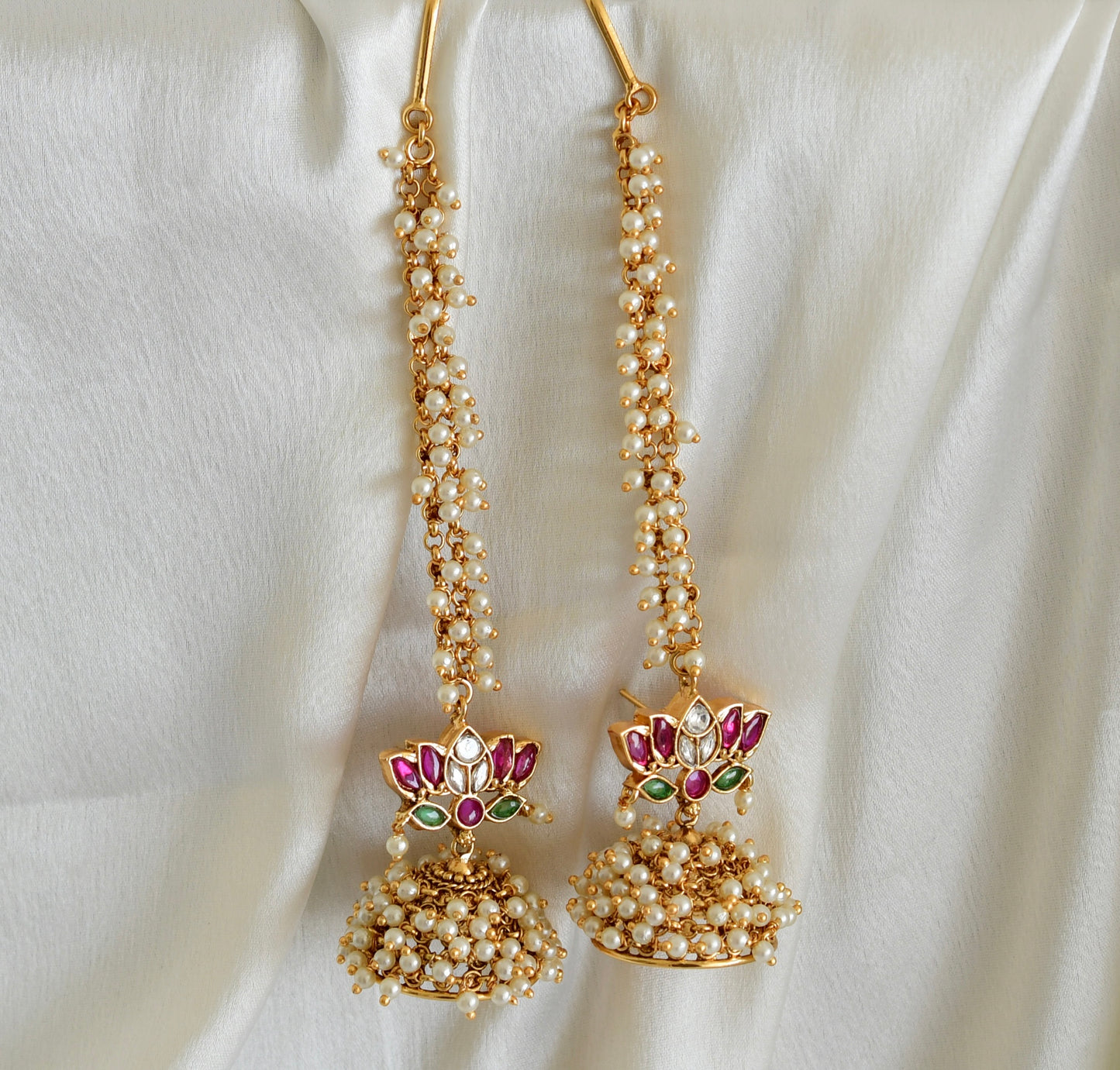 Matte finish kemp-green pearl lotus jhumkka with ear side chain dj-52558