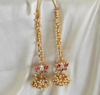 Matte finish kemp-green pearl lotus jhumkka with ear side chain dj-52558