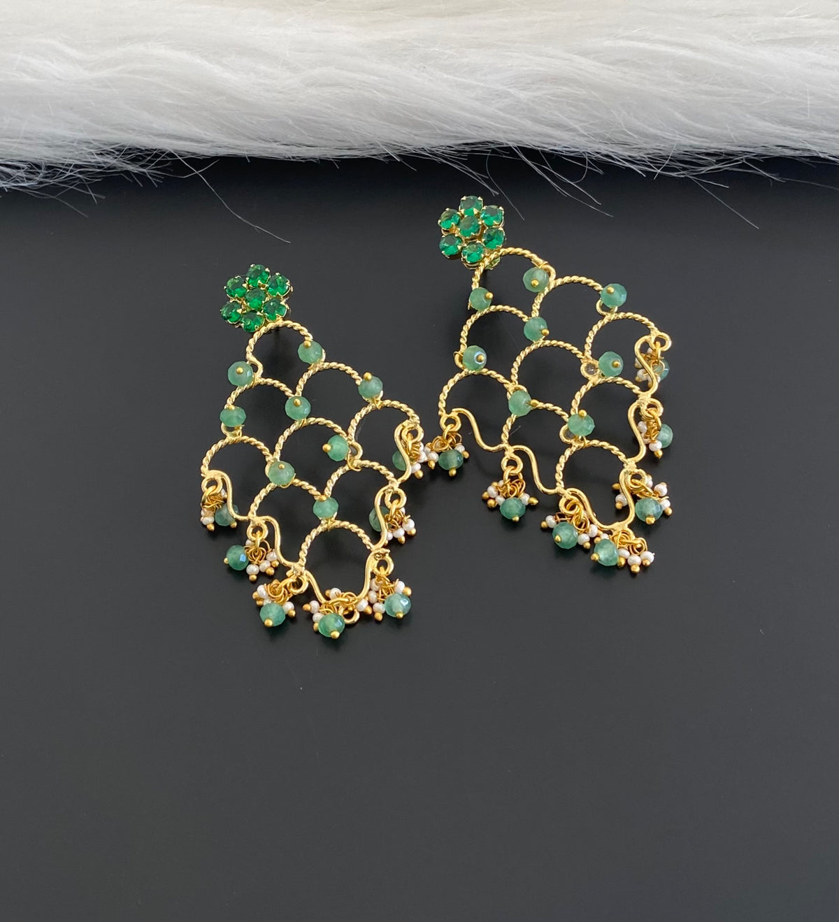 Gold tone green stone green beaded long earrings dj-54644
