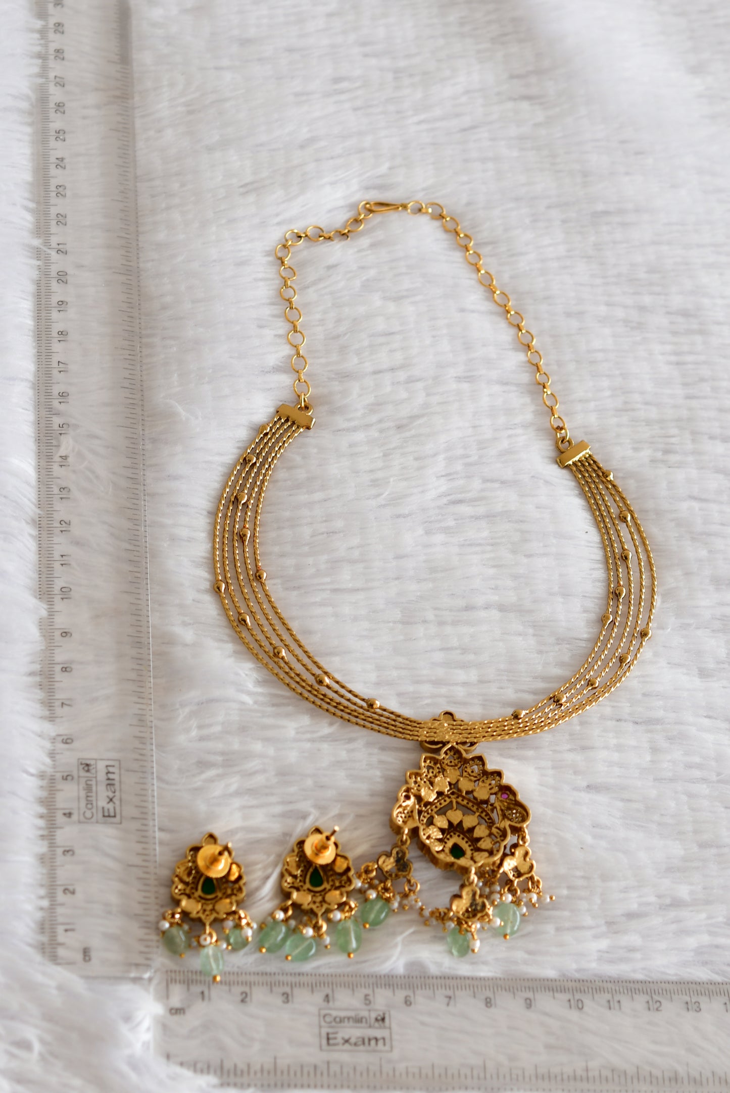 Antique gold tone pink-green kundan jadau kante necklace set dj-52424