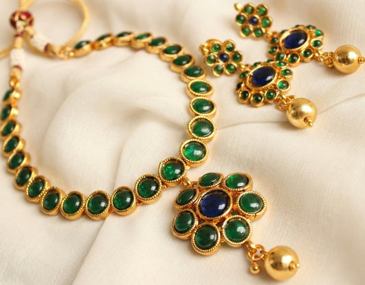 Antique green-blue flower necklace set - DJ16748
