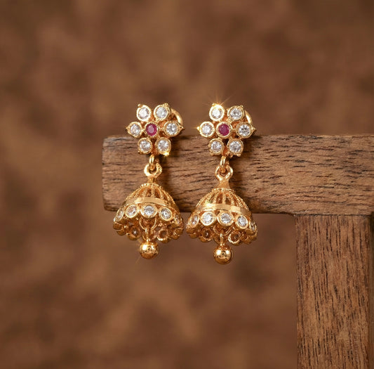 Gold tone ad pink-white south indian flower jhumkka dj-52787