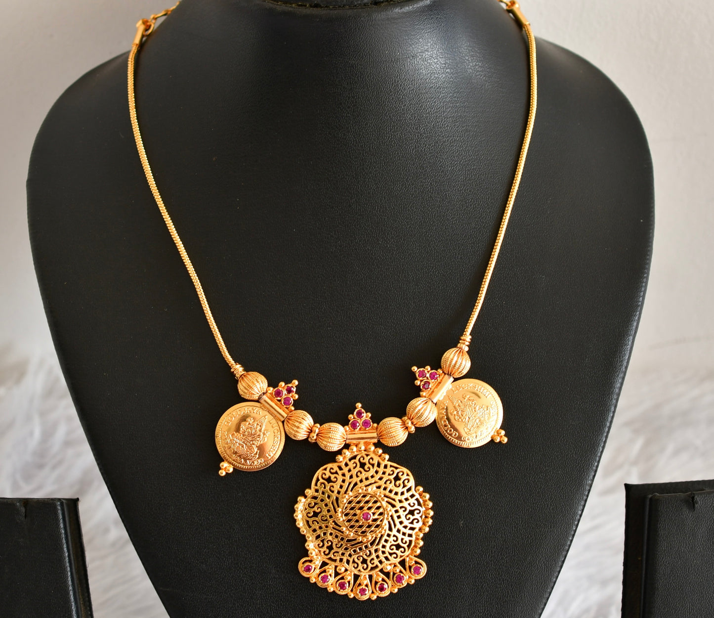 Gold tone AD pink flower lakshmi coin necklace dj-51844