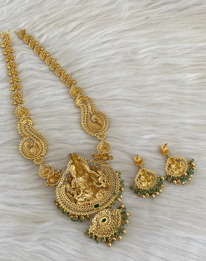 Matte finish green beaded red meenakari mahalakshmi peacock haar set dj-54739