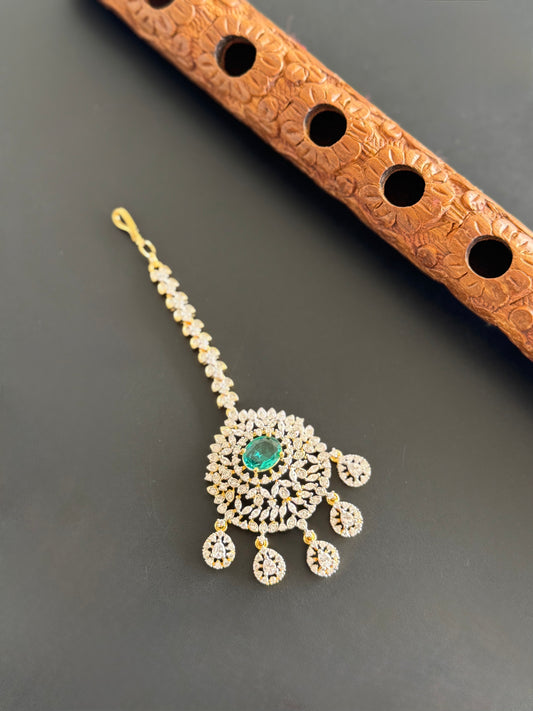 Two tone cz-peacock green thilak stone tikka dj-51369