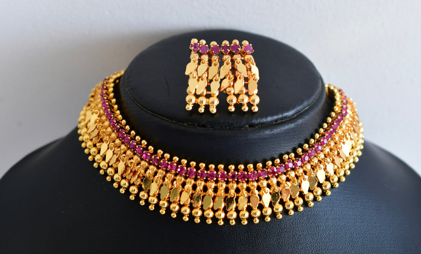 Gold look alike ruby stone elakka thali choker necklace set dj-53104