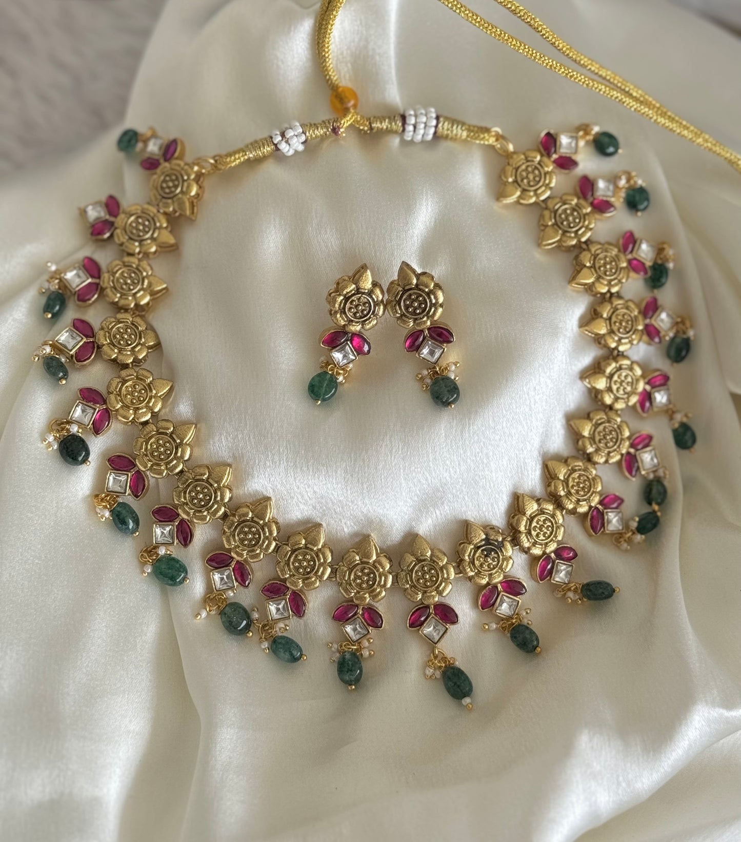 Matte finish pink-green kundan jadau beaded flower necklace set dj-51546