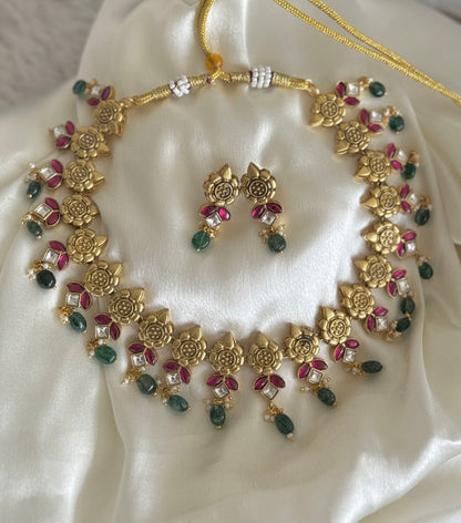 Matte finish pink-green kundan jadau beaded flower necklace set dj-51546