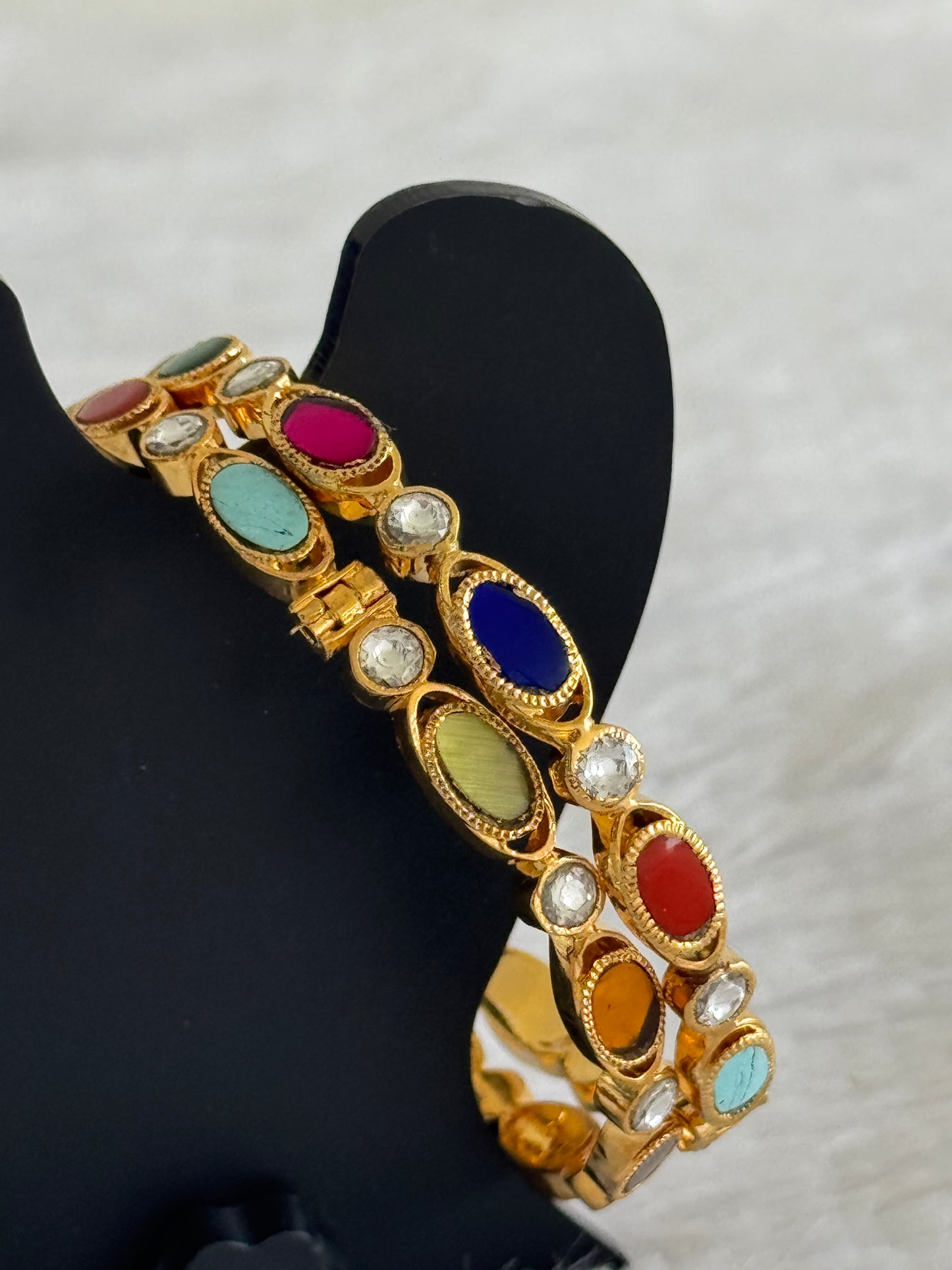 Gold tone navarathna screw type kundan jadau bangles(2.4) dj-51570