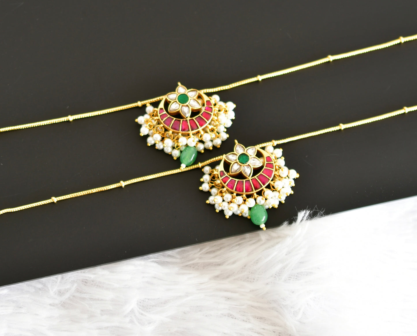 Gold tone pink-green-white flower bali kundan jadau anklets dj-52391
