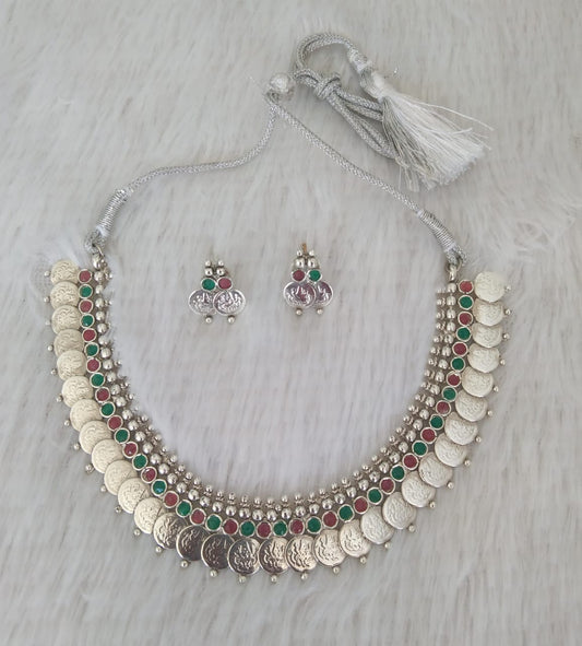 Silver Tone Ruby-emerald Lakshmi Coin Necklace Set-dj15270