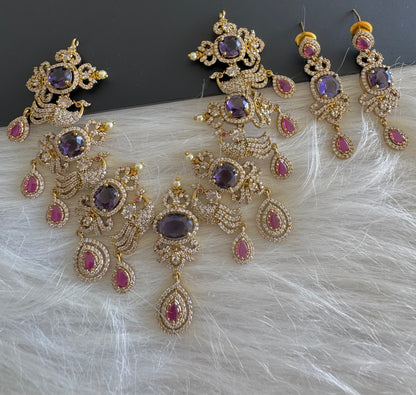 Antique gold tone cz purple-pink peacock necklace set dj-51199